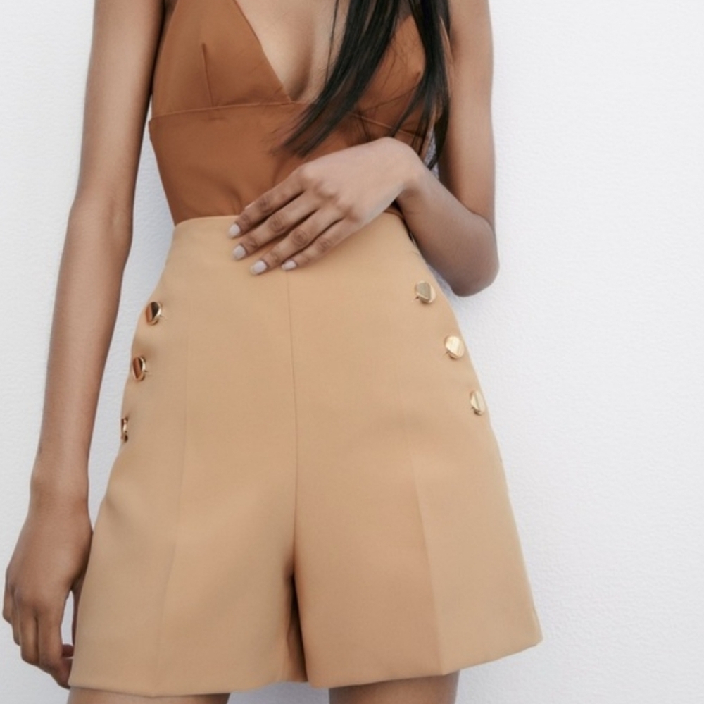 Zara High Waist Tan Shorts with Gold Buttons MEDIUM